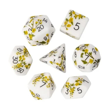 Handmande Yellow Flowers on White Resin -  7pcs RPG Dice Set